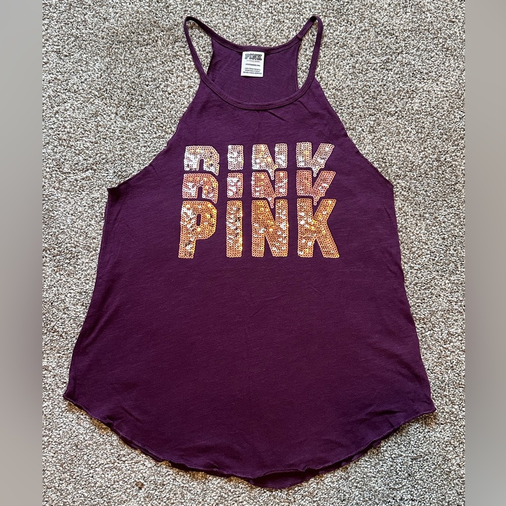 PINK Victoria's Secret Plum Racerback Tank with Gold Sequin Logo